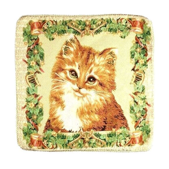 Christmas Kitten Tapestry Pillow Cover Sham Orange Cat Design Satin Cord Gift - Picture 1 of 3